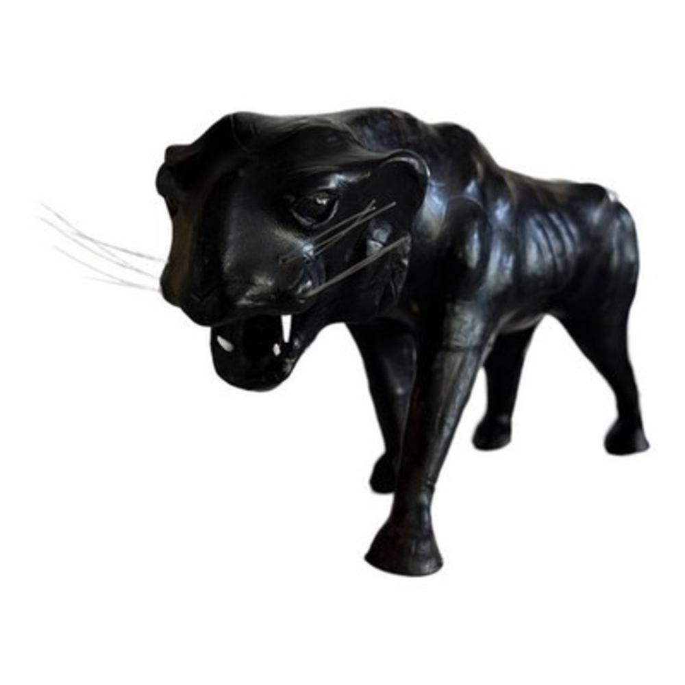 Panther Statue Panther Leather-Clad Sculpture Glass Eyes Black Panther Figurine